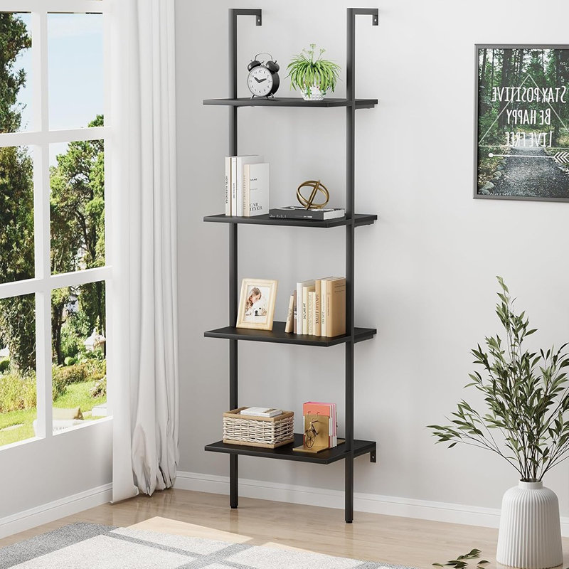 4 Tiers Metal Industrial Bookshelf,Black Wooden Tal...