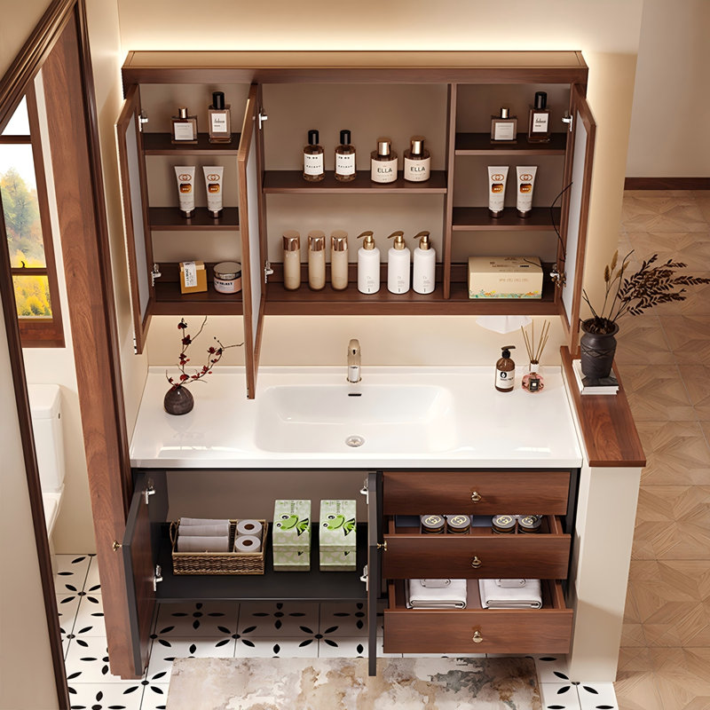 Meuble-lavabo mural 43,70 po en bois d'hévéa massif avec miroir, 44"