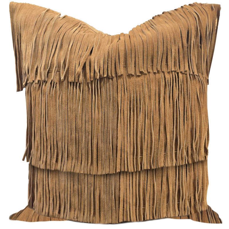 Coussin Western, Carré H 20 po x l 20 po, Brun clair à pampille