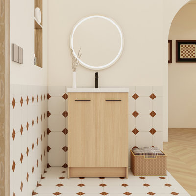 24-Inch Freestanding Bathroom Vanity with Integrated Resin Sink, Double-Door Storage, Ready-to-Assemble Design, and Dual-Finish Handle Options.