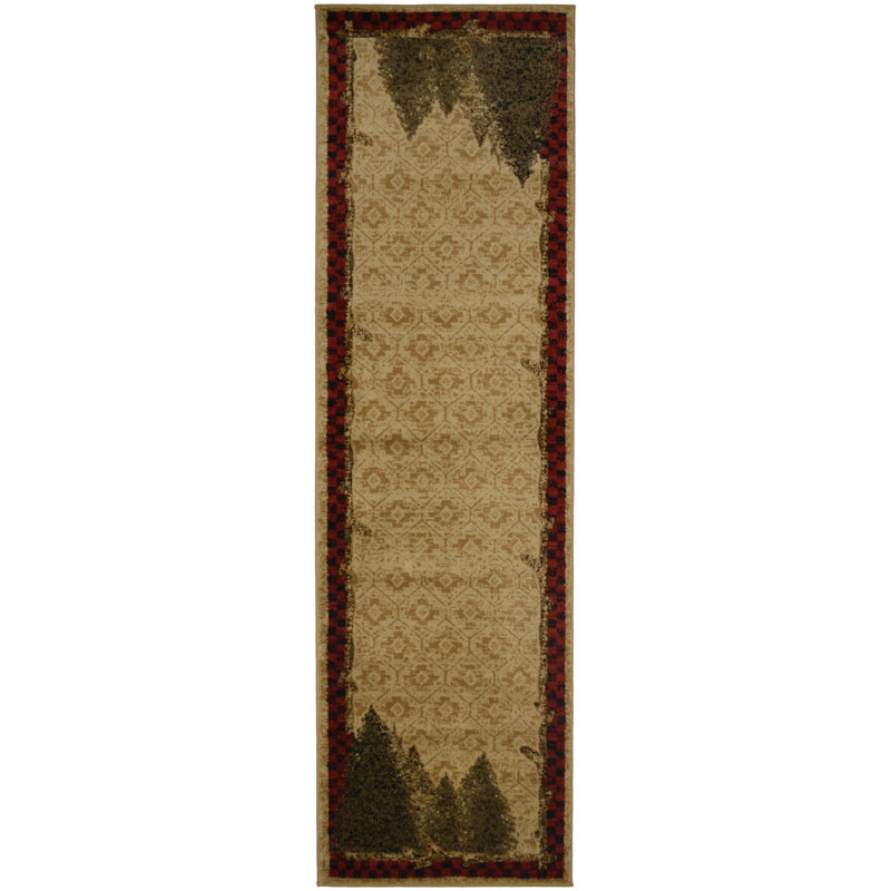 Tapis beige à motif d'arbres de style antique Forest Lodge Kenneth, Tapis de couloir 2 pi 3 po x 7 pi 7 po