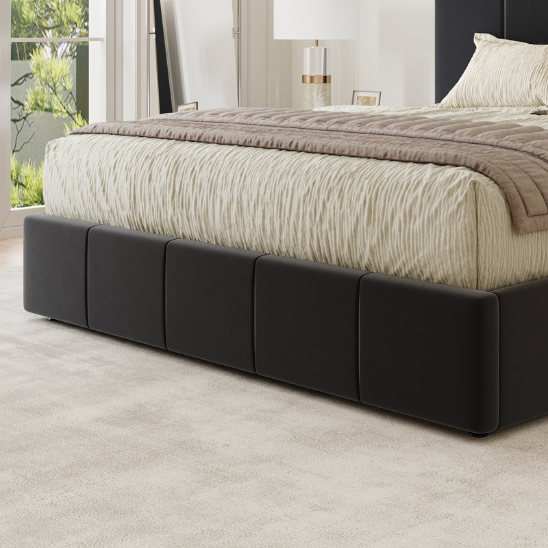 Fully Upholstered Platform Bed, Modern Velvet Bed With Tufted Headboard, No-Dust Design, Queen/Full/King, Queen, Black