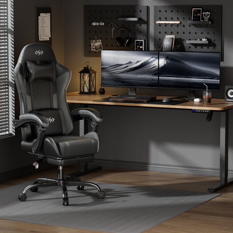 Metro Lane Adjustable Reclining Ergonomic Faux Leather Swiveling PC & Racing Game Chair with Footrest, Black/Grey