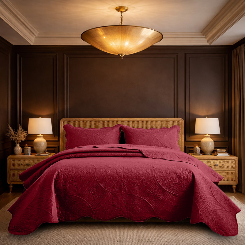 Moonlight Oversized Floral Embossed Bedspread Set – Lightweight Reversible Quilt Bedding with Pillow Shams, Burgundy