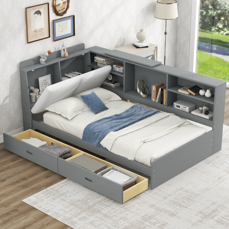  Lit plateforme simple en bois avec tête de lit, tablettes et compartiments latéraux, gris, Gris