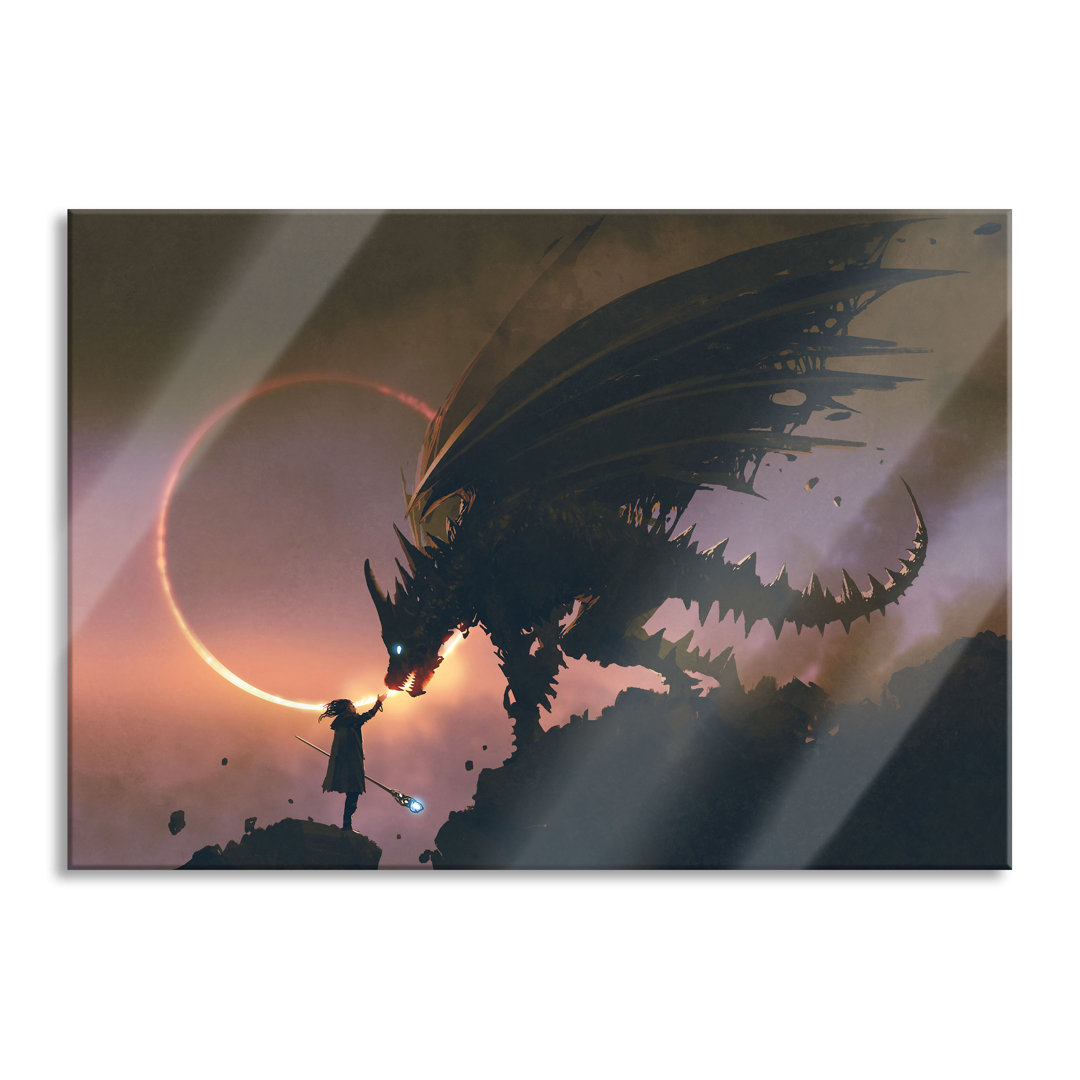 Glasbild Magier und Drache bei Sonnenfinsternis