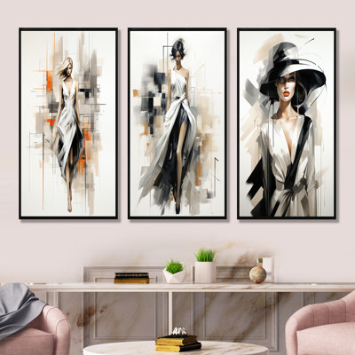 Black And White Fashion Top Model Woman Runway I - Fashion Illustration Canvas Wall Art Set Of 3