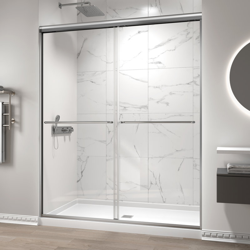 56" - 60" W x 70" H Double Sliding Semi-Frameless Shower Door with 1/4" Clear Tempered Glass, Chrome