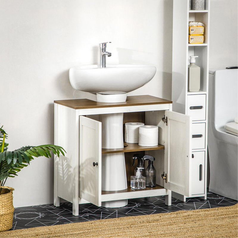 Console de lavabo de salle de bain blanc antique, sur pied, sous le lavabo, tablette réglable, coffre à double porte, capacité de la tablette