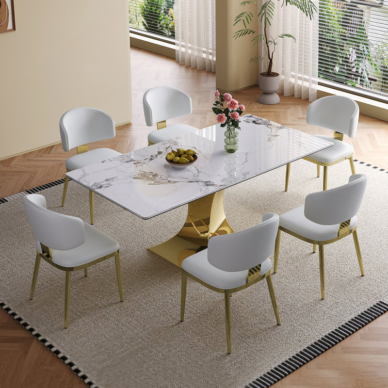 Ensemble de table de salle à manger ronde avec base en acier inoxydable et 8 chaises rembourrées, 9 pièces : table, 8 chaises