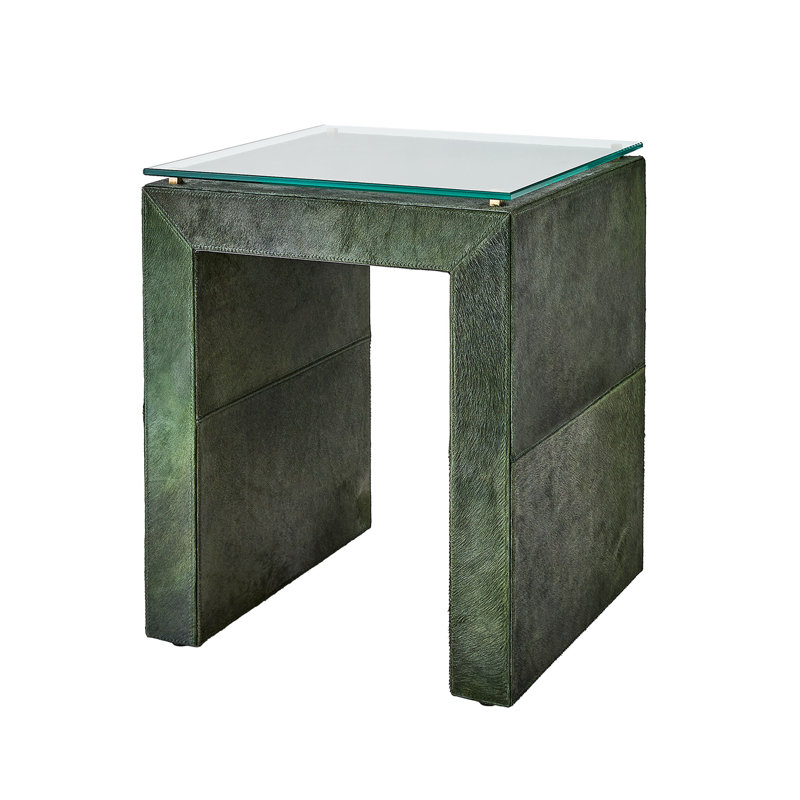 Green Hair-On-Hide Leather and Glass Square End Table