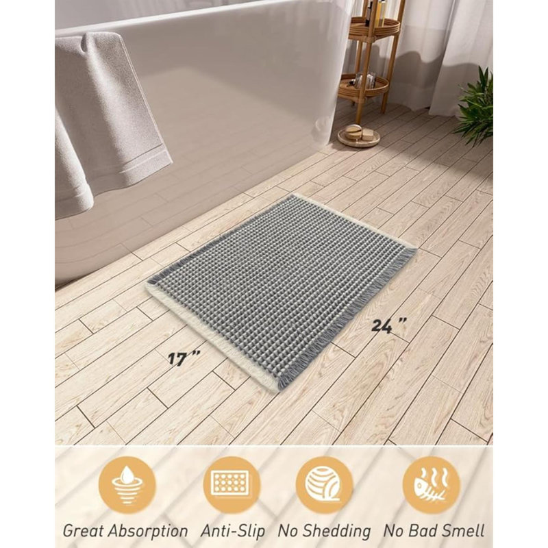 Upgraded Waffle Bath Mat, Super Absorbent Non Slip Bath Mats For Bathroom Floor, Machine Washable Bathroom Rugs With Tassels, Rubber Backed Bathroom Mats, Ultra Soft, 17" X 24"