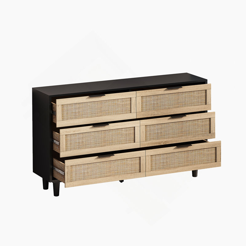 Ayanna 6 Drawer Rattan Storage Dresser, Black, Black, 29.72" H x 59.06" W x 15.75" D