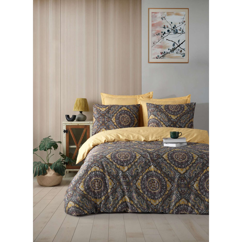 Quilt Cover Set, Full / Double Duvet Cover + 1 Standard Pillowcase, Gray/Mustard Damask