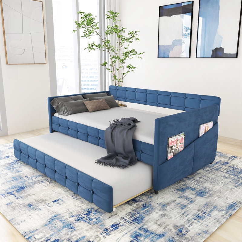 BLUE UPHOLSTERED TWIN SIZE DAYBED WITH TRUNDLE, VELVET FABRIC, NO BOX SPRING REQUIRED, COMFORTABLE AND SIMPLE DESIGN MODELS