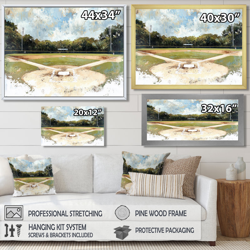 Baseball Field Landscape - Sport Baseball, impression d'art mural, H 12 po x l 20 po, Argent argent