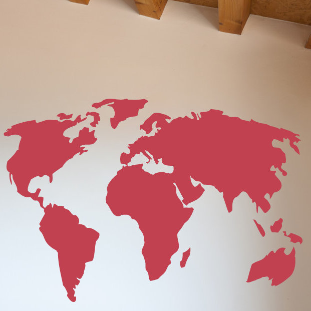 Décalcomanie murale carte du monde, H 22 po x l 32 po x P 0,01 po, Rouge Dahlia