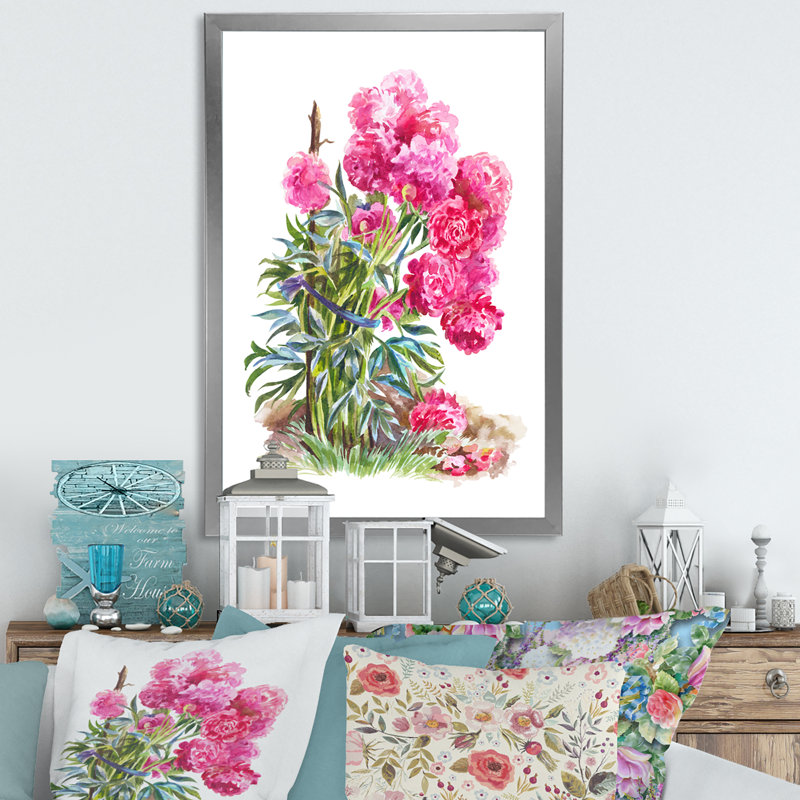 Pivoines roses en fleurs - Décoration murale traditionnelle sur toile, H 20 po x l 12 po x P 1 po, Cadre photo argenté