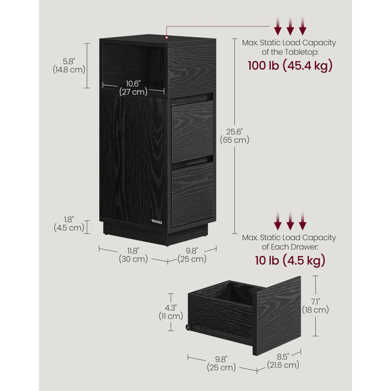 Arcolia 25cm W Manufactured Wood Bedside Table, Black
