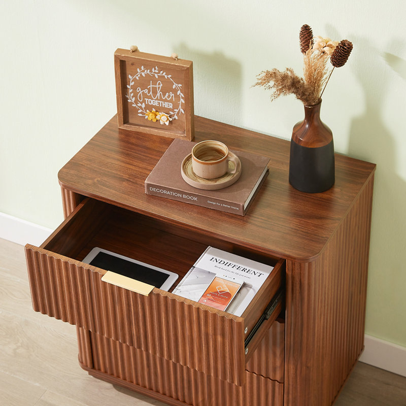 23.6"W Fluted 3 Drawers Dresser Nightstand, Walnut, 2