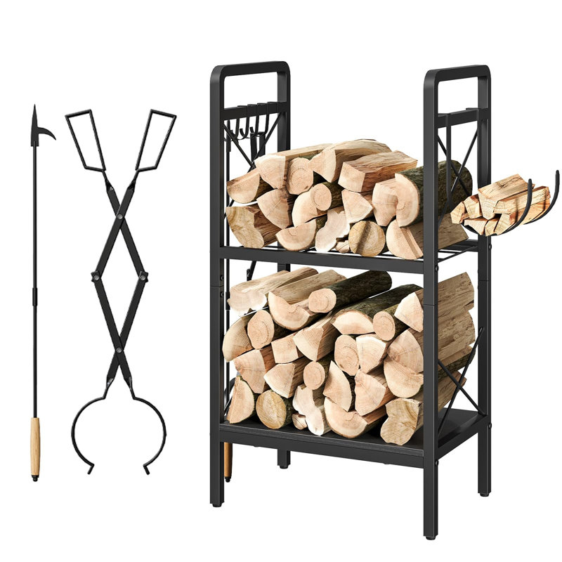 Râtelier à bûches d'intérieur, support à bûches à 2 niveaux avec 2 outils pour cheminée