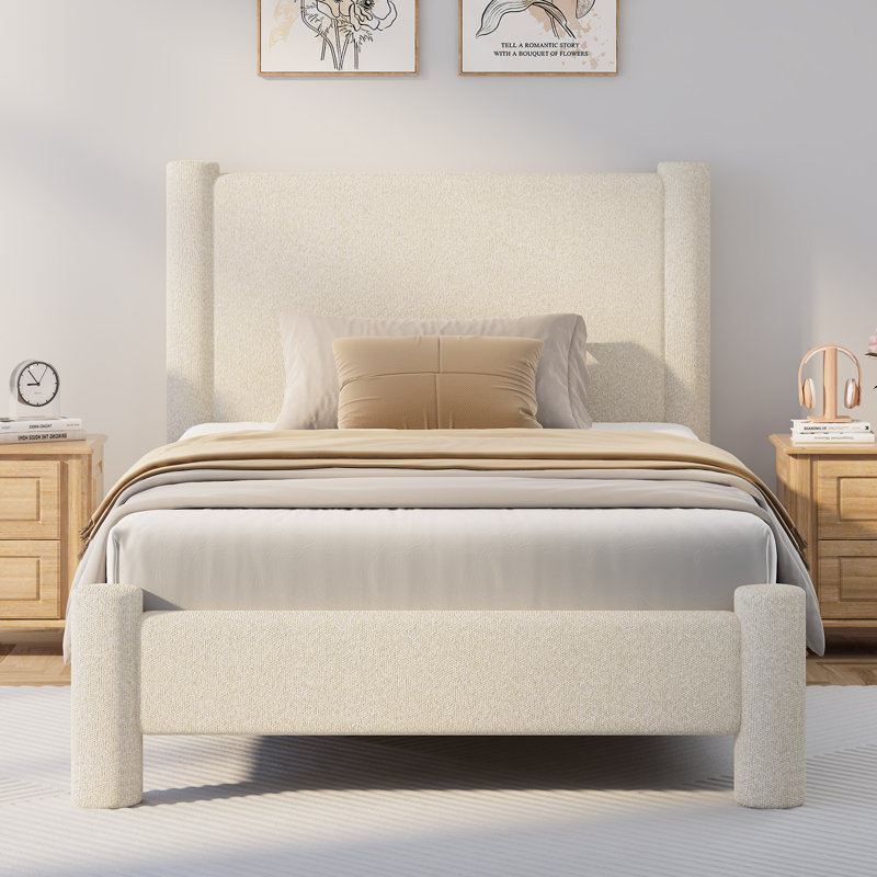 Lit plateforme tapissier Boucle, Simple, Crème