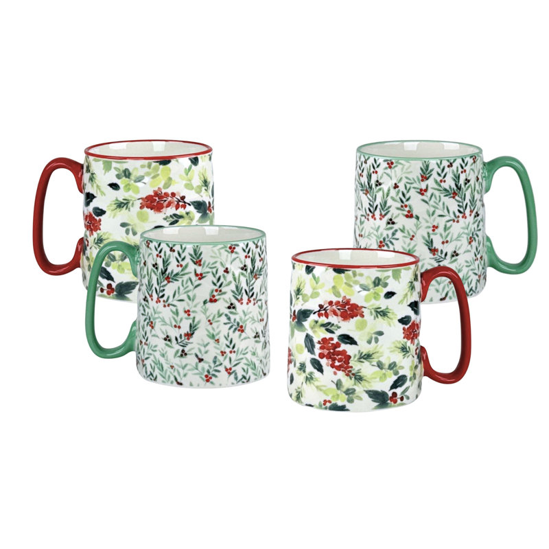 Holiday Red and Green Ceramic 14 oz Mug Set