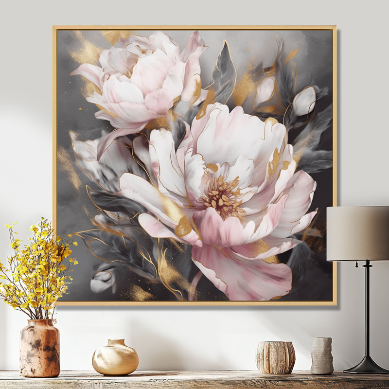 Pink Grey Peonies Elegance II - Print, 16" H x 16" W, Floater Framed, Brown
