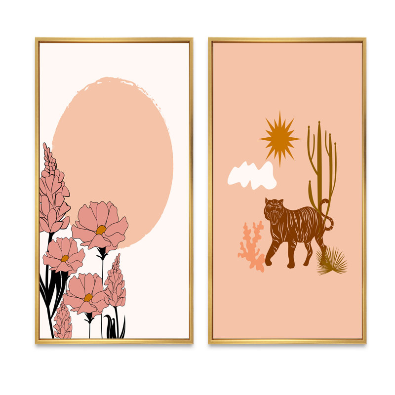 «Boho Wild Animal Minimalistic Art Earth Tones II», ensemble de 2 reproductions, H 40 po x l 40 po x P 1,5 po, Cadre doré