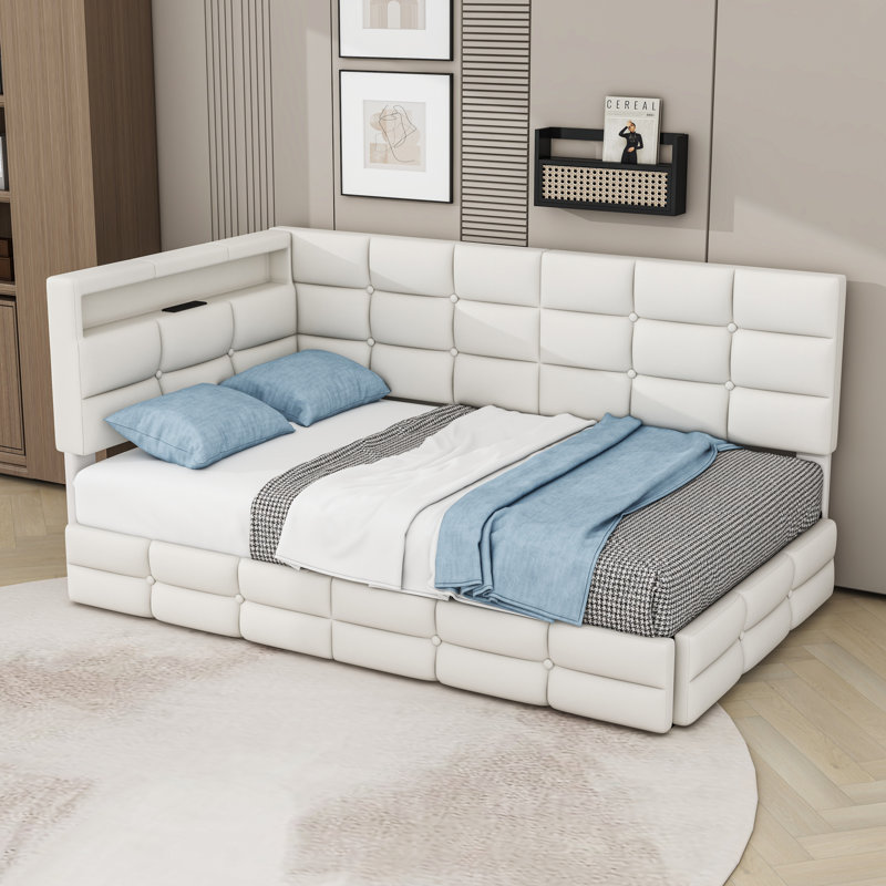 Lit de jour simple rembourré avec tiroirs de rangement, lumière DEL et port USB, Beige