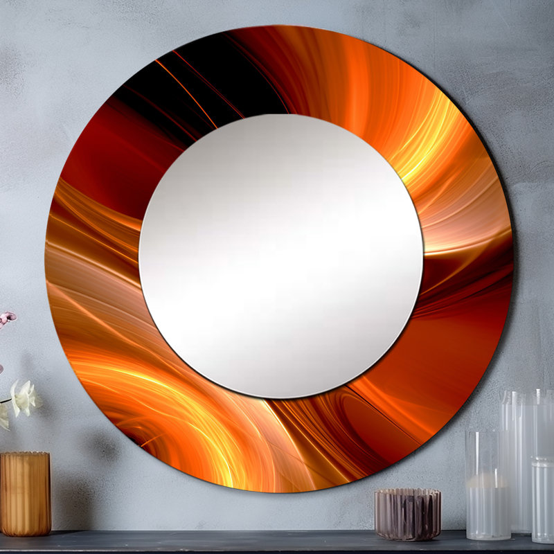 «Orange Abstract Warm Fractal Design II», miroir mural décoratif rond orange, art imprimé en métal, 23 po x 23 po