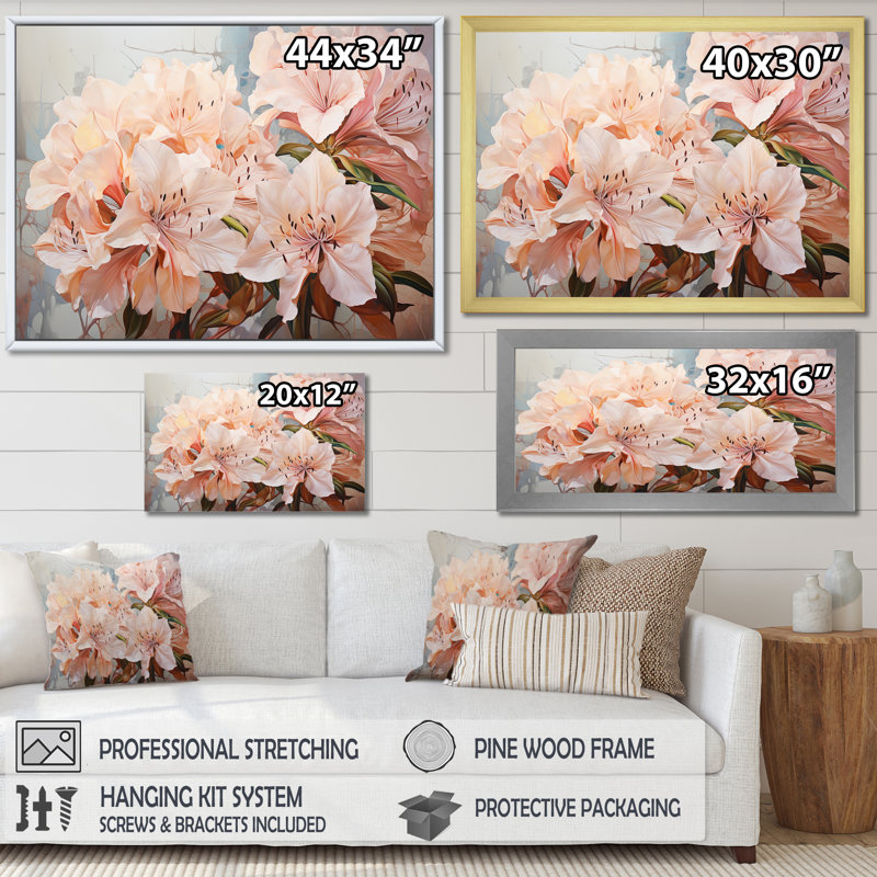 Poème de pétales de rhododendron minimaliste I, Cadre flottant doré, 24" H x 32" W