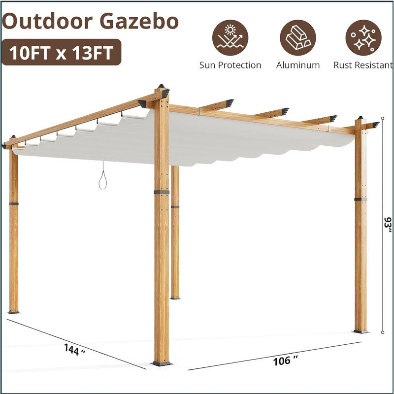 Outdoor Retractable Pergola Aluminium Pergola Canopy with Adjustable Roof, Upgraded Faux Wood Grain Modern Metal Patio Pergola for Deck, Backyard Garden, Porch, Grape Trellis