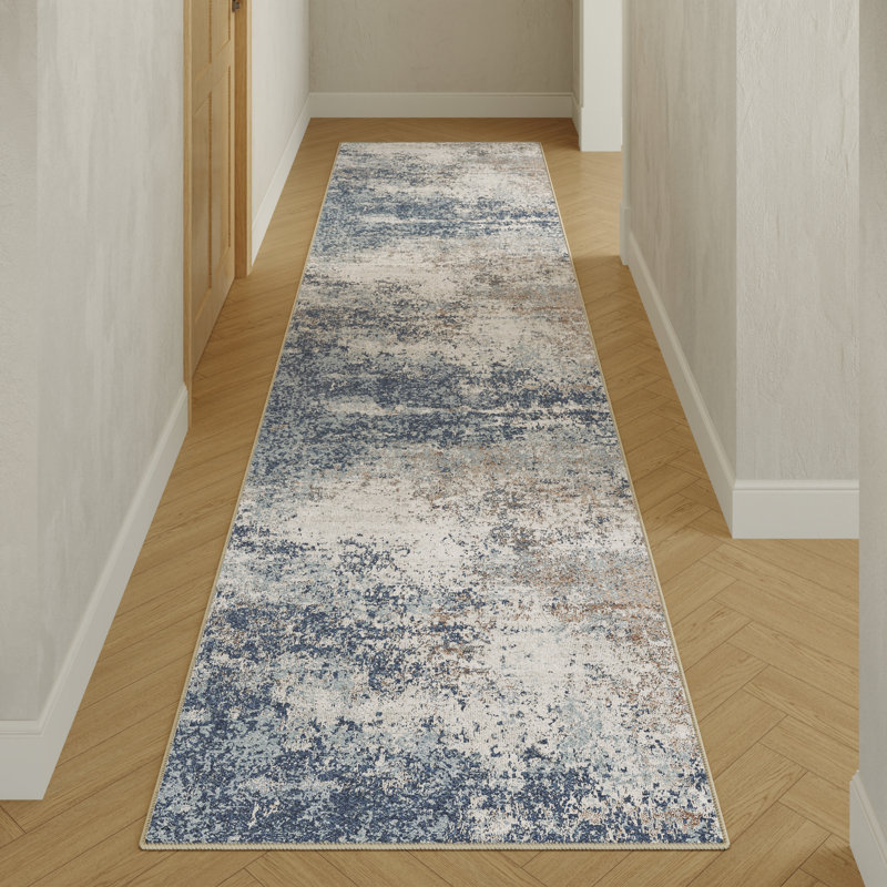 Tapis d'intérieur moderne et abstrait bleu / blanc, Tapis de couloir 2 pi 3 po x 7 pi 6 po
