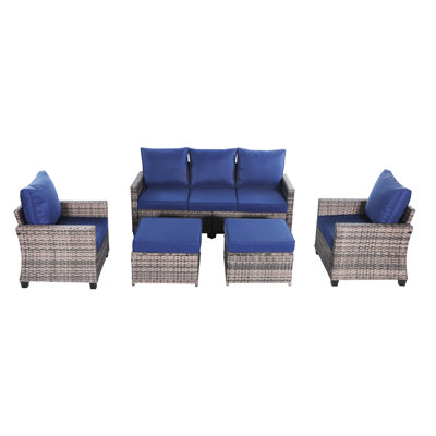 5-Piece Outdoor Wicker Patio Sofa Set with  Sofa, Lounge Rattan Chairs & Footstools