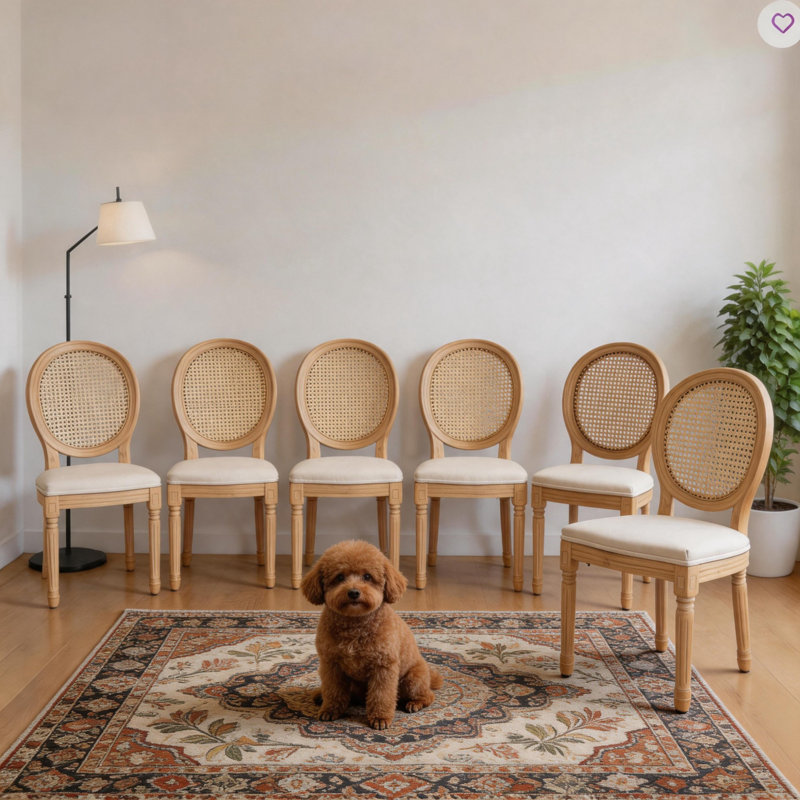 Chaises d'appoint style français à dossier en rotin vintage (ensemble de 6), Beige
