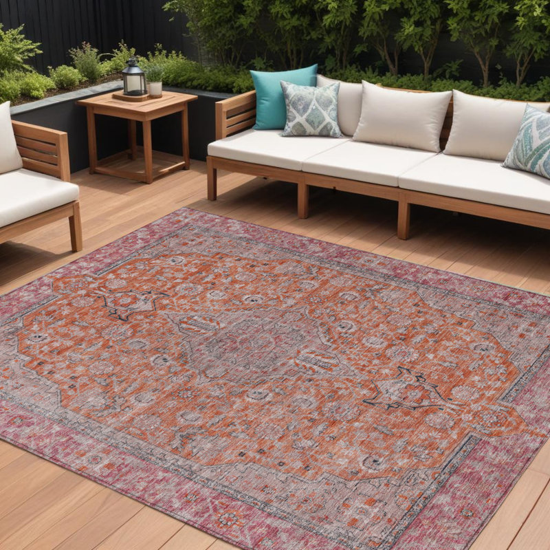 Tapis extérieur lavable à médaillon orange et rouge 10 pi x 14 pi