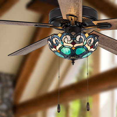 52" W Aramys 5-Blade Remote Controlled Ceiling Fan Tiffany Stained Glass