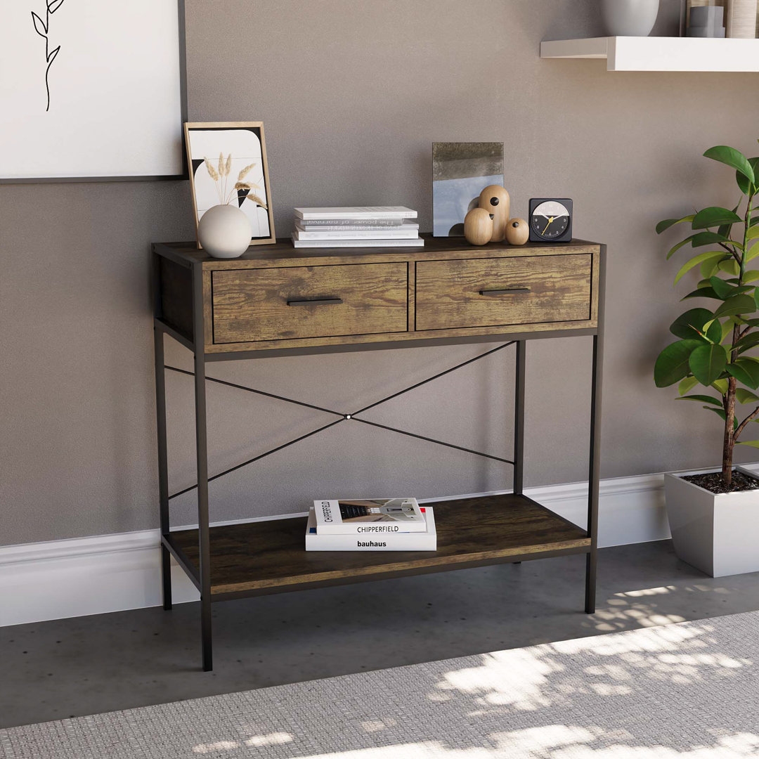 Sylvie 2 Drawer Industrial Style Console Table With Metal Legs for Hallway, Living Room Furniture
