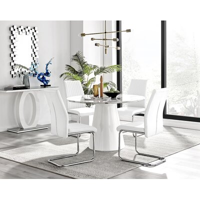 Edward Statement Marble Effect Pedestal Dining Table Set with 4 Faux Leather Upholstered Dining Chairs -  East Urban Home, DD9B36A7473B4E5F82EB03D8C0C6DD37