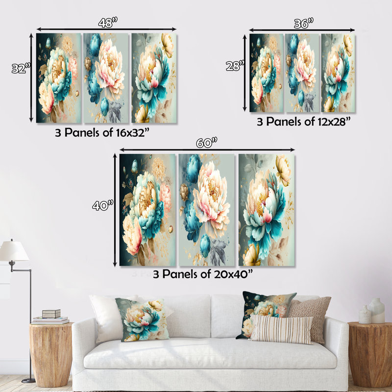 Fleurs multicolores III - ensemble d'art floral de 3 pièces, H 32 po x l 48 po x P 1 po
