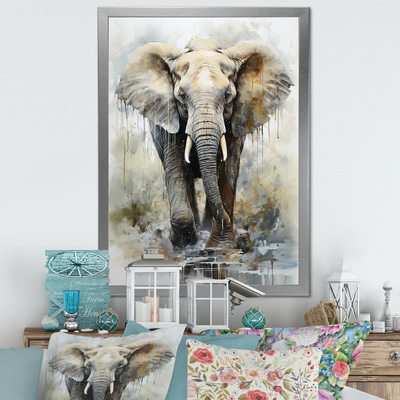 Éléphant élégant en mouvement I sur toile, Cadre simple argenté, H 44 po x l 34 po x P 1,5 po
