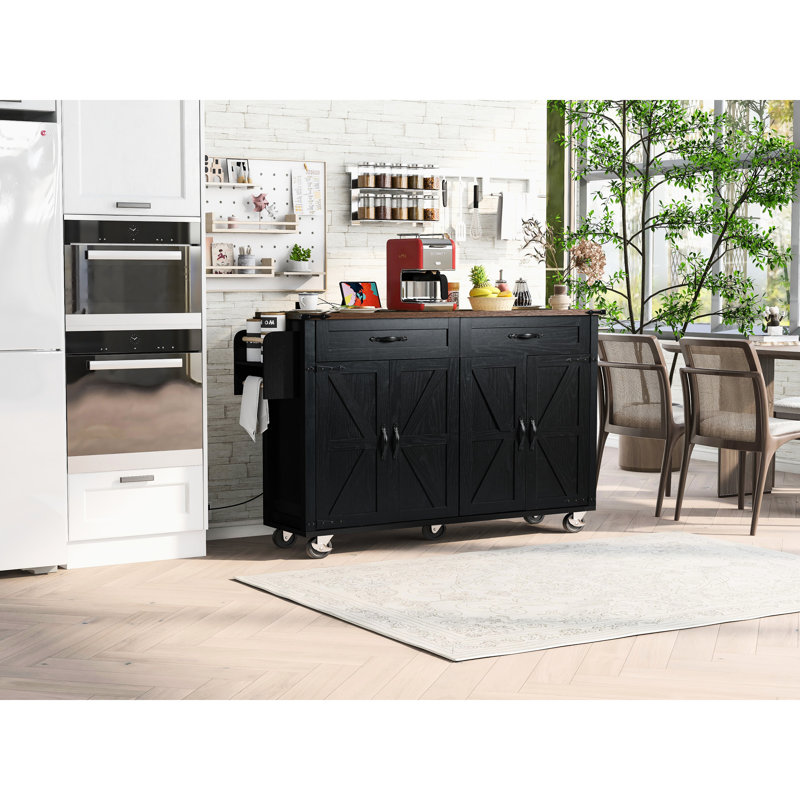 Style Kitchen Island With Power Supply, Drop Leaf, Drawer, Rolling Cart, 53.5'' X 29.07'' 36.5'', Black Storage Outlet, 53.5''W 29.07''D 36.5''H, For And Dining