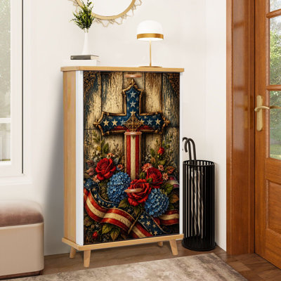 Shoe Storage Cabinet with 3 Flip Drawers for Patriotic Wooden Cross American Flag Details Floral Arrangement Shoe Rack Storage Organizer