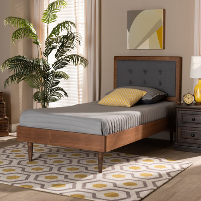 Coppedge Mid-Century Modern Dark Grey Fabric Upholstered And Walnut Brown Finished Wood Twin Size Platform Bed