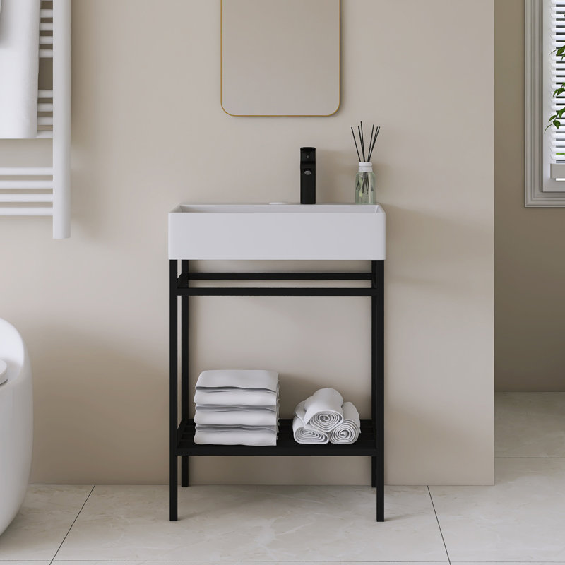 Meuble-lavabo simple autoportant 24 po avec plateau en céramique intégré, Noir, Blanc