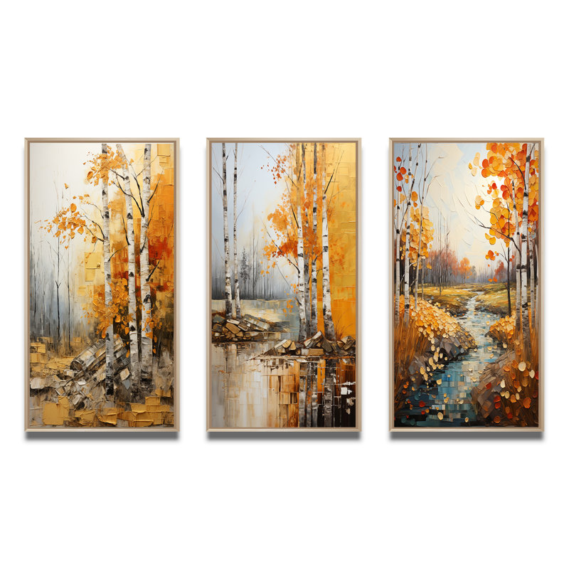Ensemble de 3 tapisseries Birch Woods Autumn, Encadré naturel, H 20 po x l 36 po
