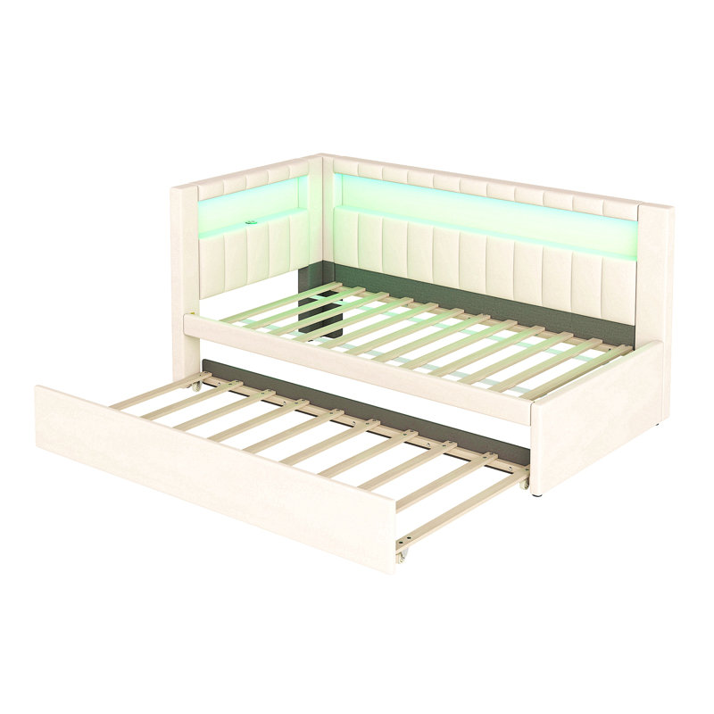 Upholstered Twin Size Platform Bed With USB Ports And LED Belt, With Trundle, White, Twin, White