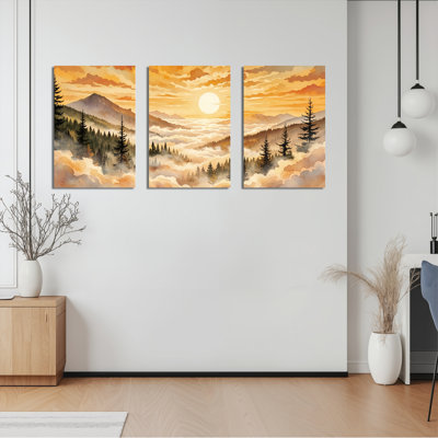 Paysage de montagne coucher de soleil sur toile tendue, reproduction d'art sur toile, ensemble de 3