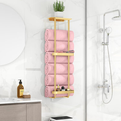 Porte-serviettes de salle de bain mural avec panier de douche et tablette en métal - solution de rangement peu encombrante pour les serviettes et les articles essentiels
